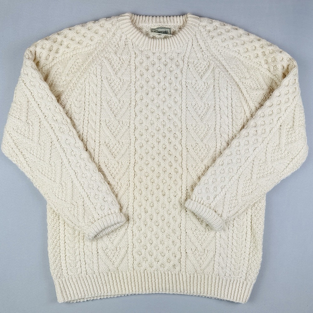Vintage Carraig Donn Merino Wool Irish Fisherman Cable Knit Sweater L Ireland